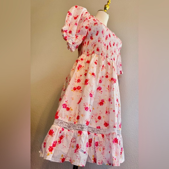 LOVESHACKFANCY Cosette White Cotton & Hot Pink Floral Smocked Ruffle Mini Dress